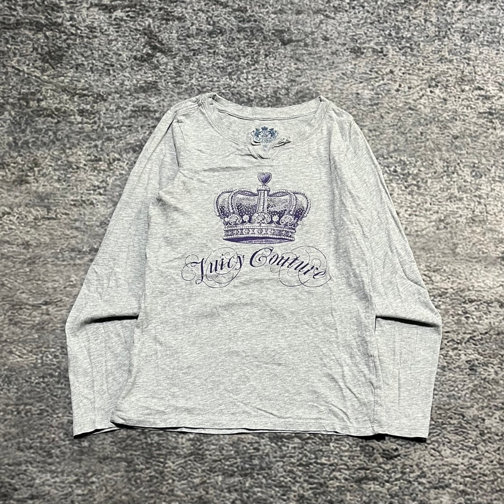 Juicy Couture Top Long Sleeve V-Neck Womens 12 (XS) Gray Rhinestones Y2K